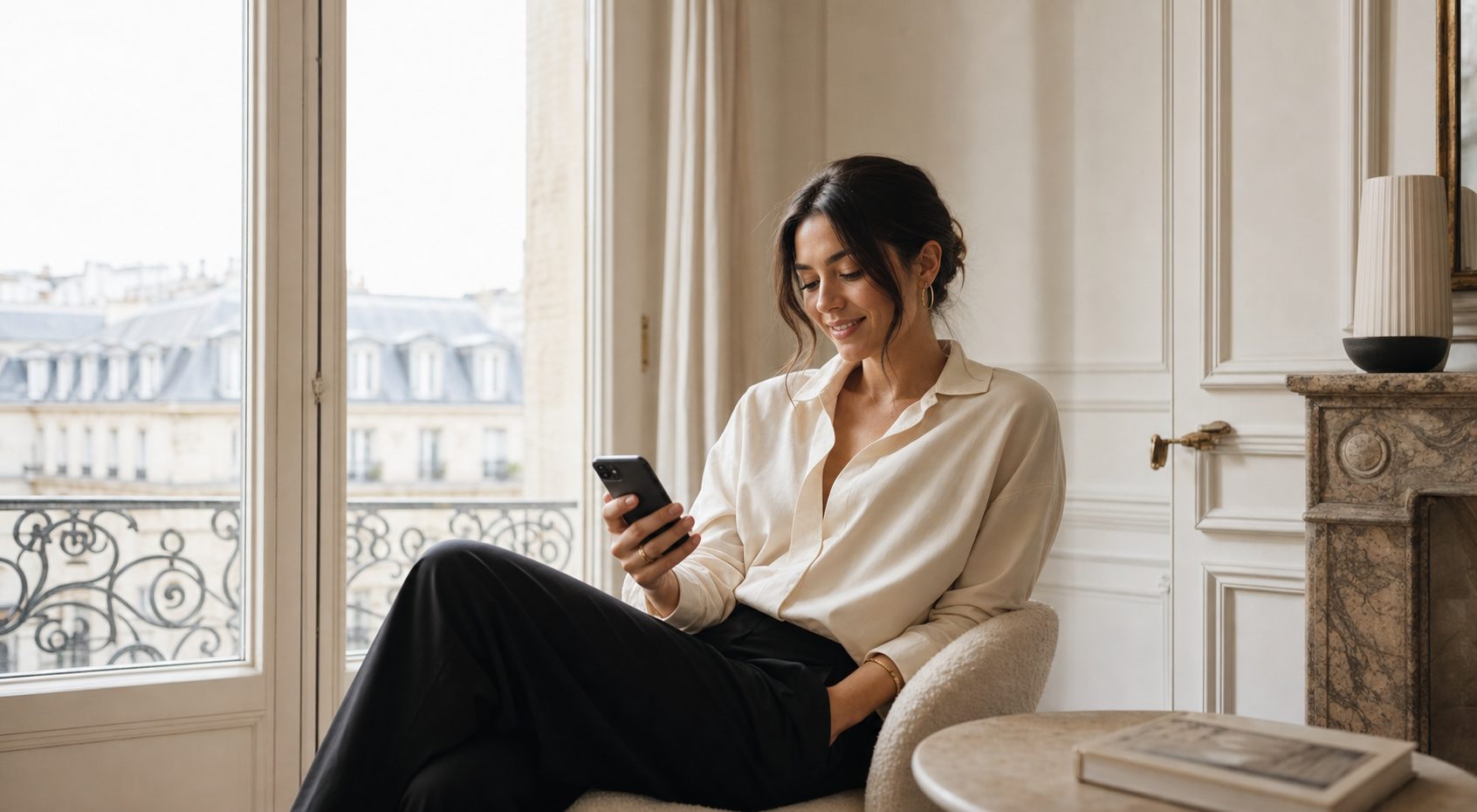 A woman smiling softly while looking at her phone in a Paris apartment